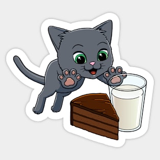 Russian Blue Cat excited to have Chocolate Cake with Milk Sticker